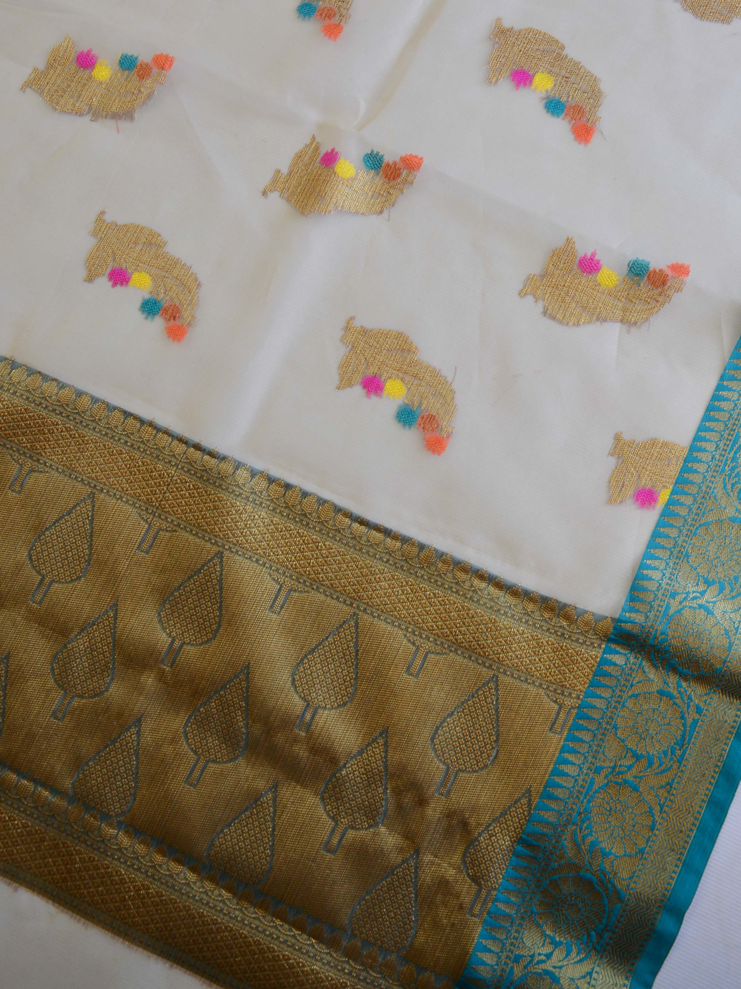 Banarasee Organza Saree With Antique Teal Border-Beige