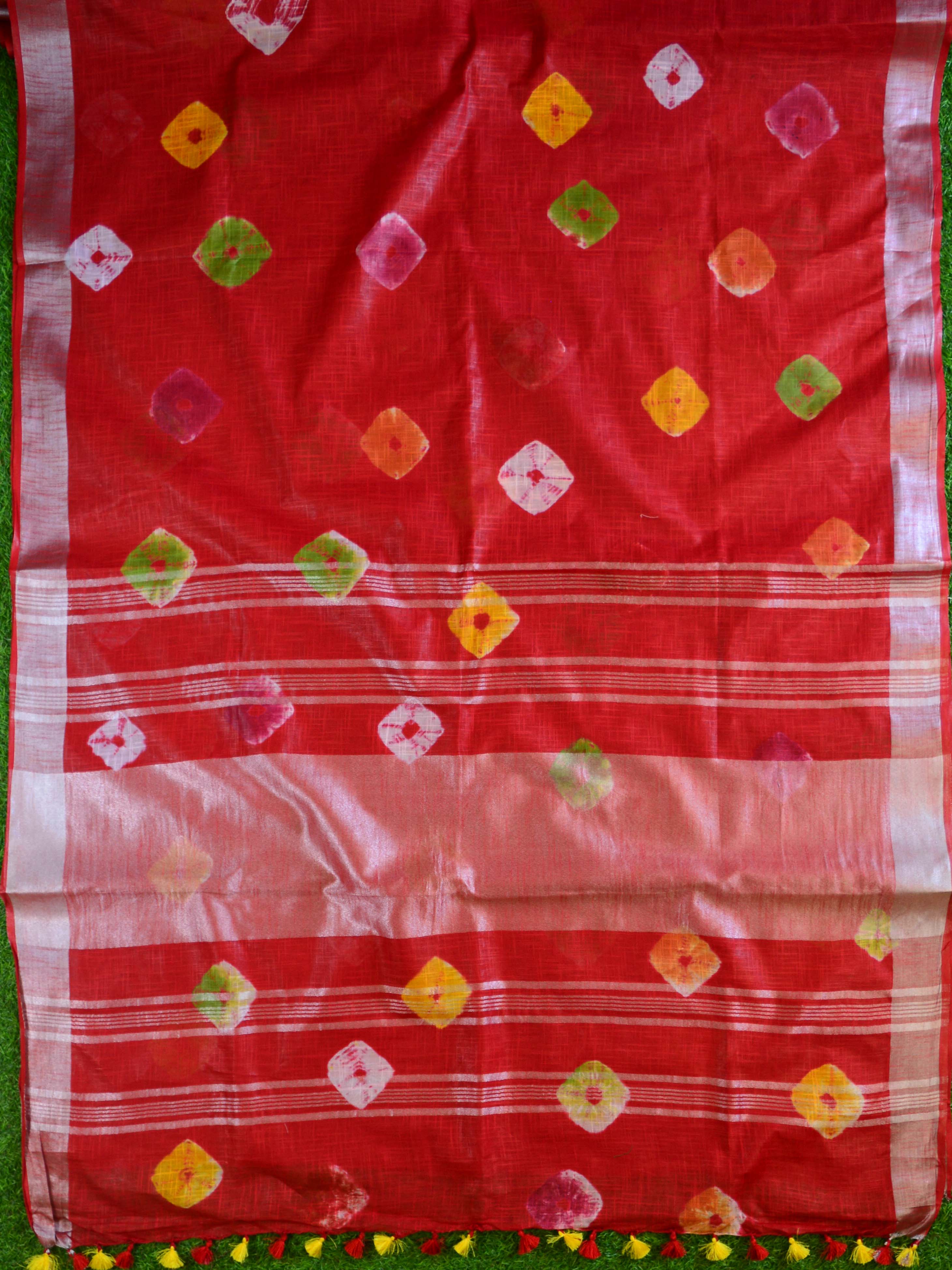 Bhagalpur Handloom Pure Linen Cotton Hand-Dyed Multicolor Bandhej Saree-Red