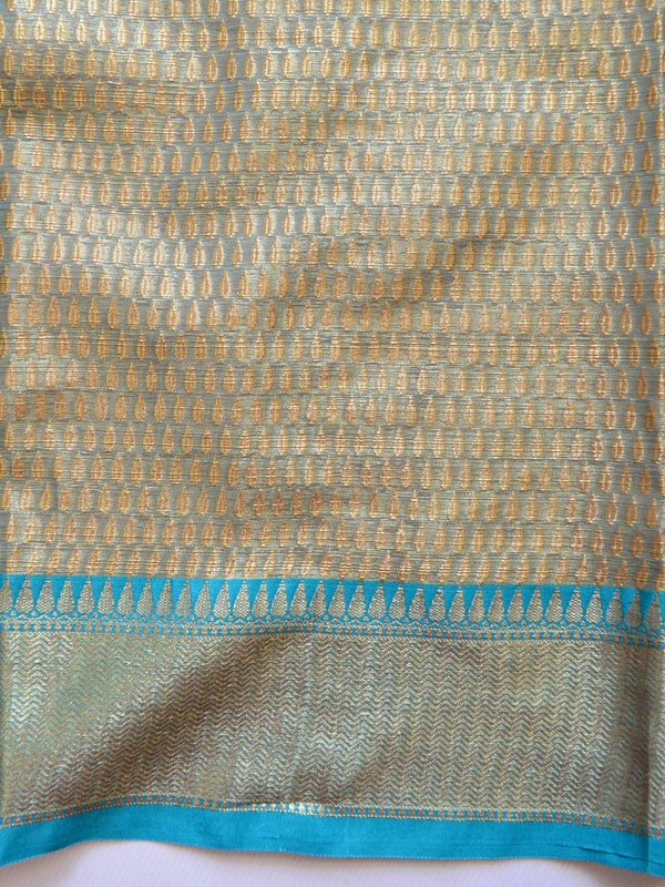 Banarasee Organza Saree With Antique Teal Border-Beige