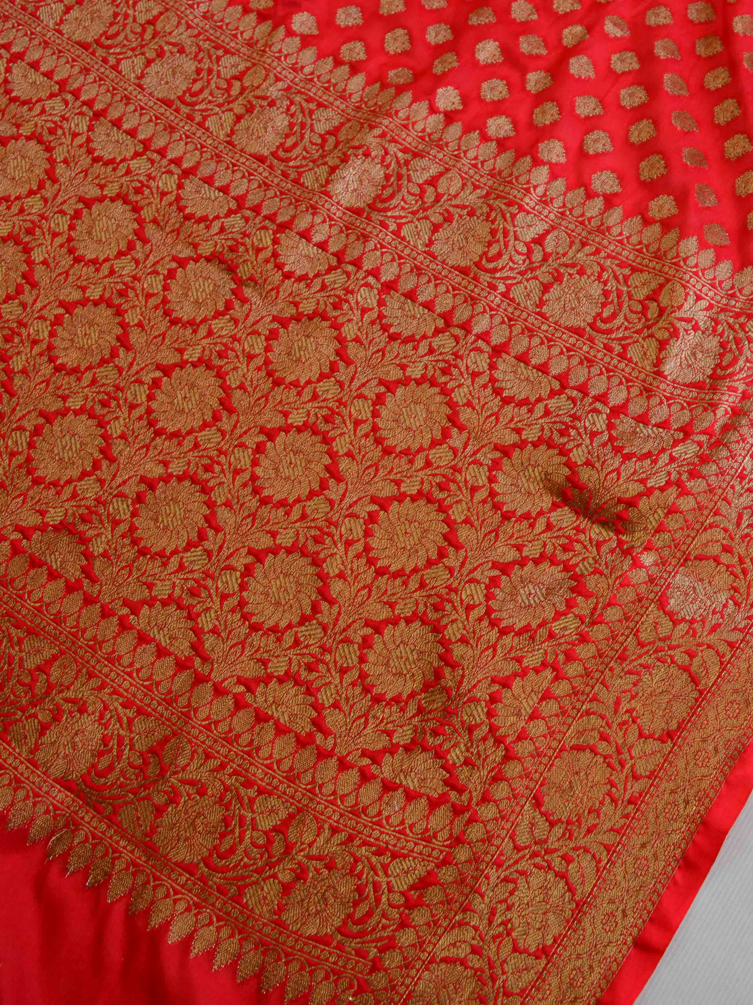 Banarasee Faux Georgette Saree With Antique Gold Zari work-Red