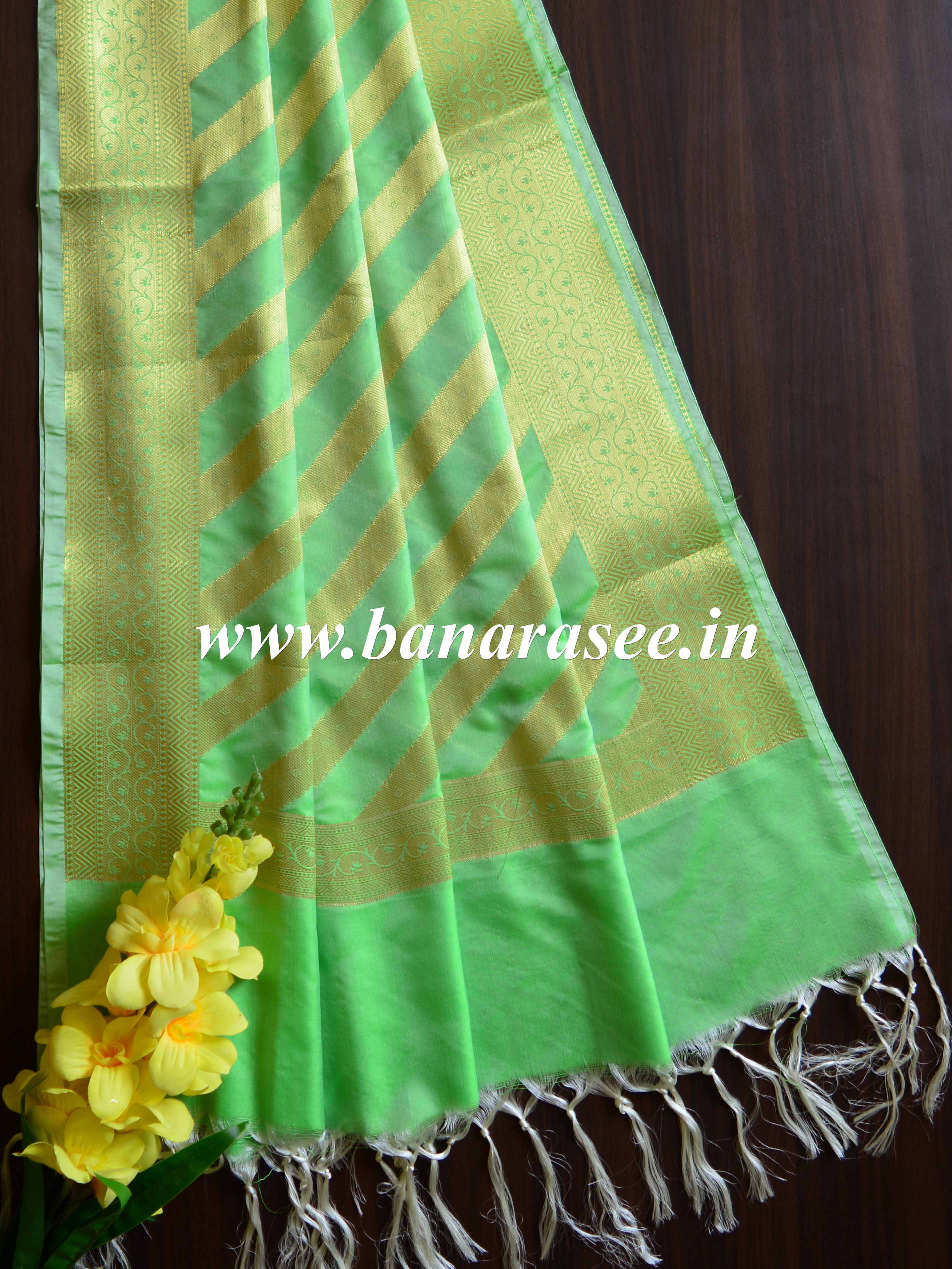 Banarasee Art Silk Dupatta Stripes Design-Light Green