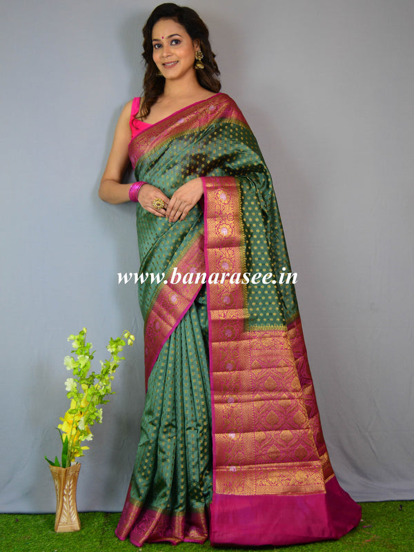 Banarasee Handloom Pure Dupion Silk Saree Antique Gold Zari Work-Green