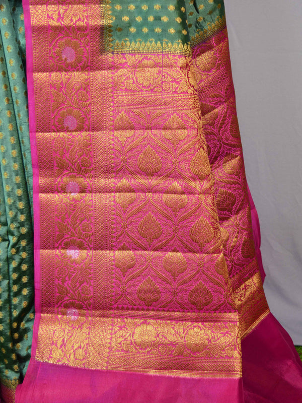 Banarasee Handloom Pure Dupion Silk Saree Antique Gold Zari Work-Green