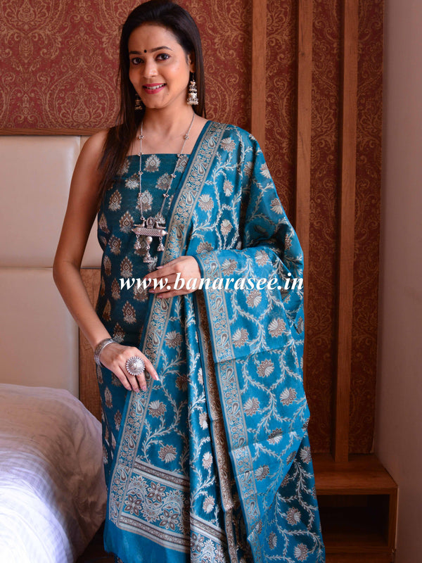 Banarasee Salwar Kameez Cotton Silk Resham Buti Woven Fabric-Rama Green