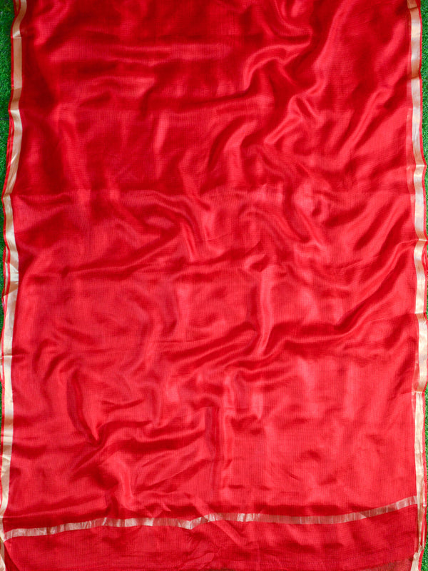Handwoven Pure Kota Silk Sari With Zari Border & Pure Brocade Blouse-Red