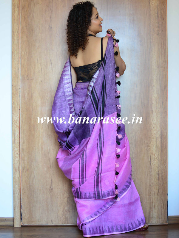 Bhagalpur Handloom Pure Linen Saree With Temple Border-Purple