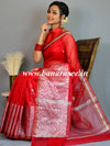 Banarasee Organza Mix Saree With Silver Zari Buta & Broad Border-Red