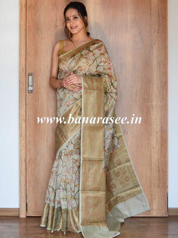 Banarasee Handwoven Pure Silk Cotton Saree With Antique Zari & Digital Floral Print-Pastel Green