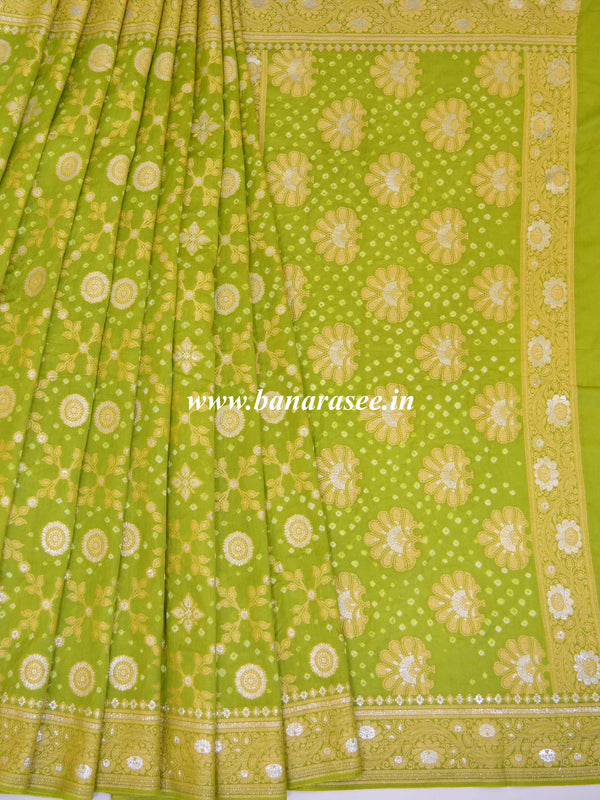 Banarasee Handloom Cotton Silk Bandhini Dyed Sona Rupa Zari Saree-Green