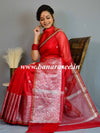 Banarasee Organza Mix Saree With Silver Zari Buta & Broad Border-Red