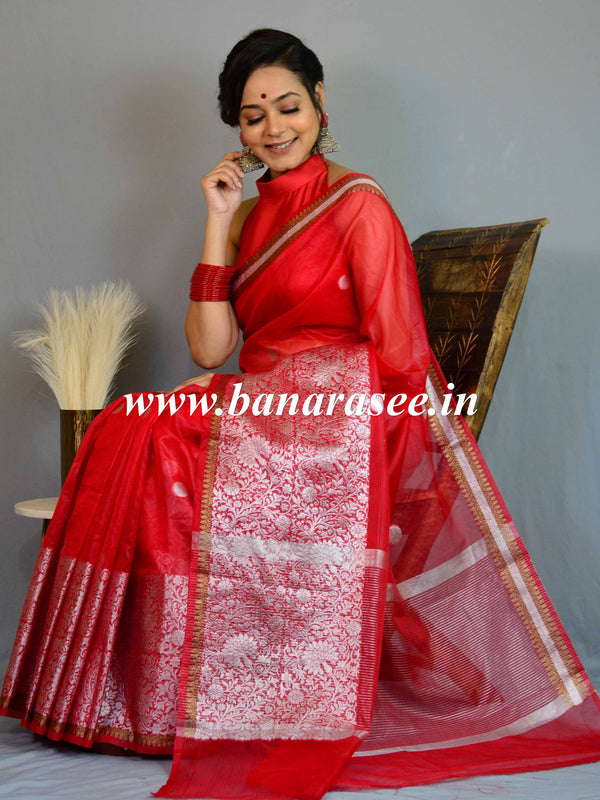 Banarasee Organza Mix Saree With Silver Zari Buta & Broad Border-Red