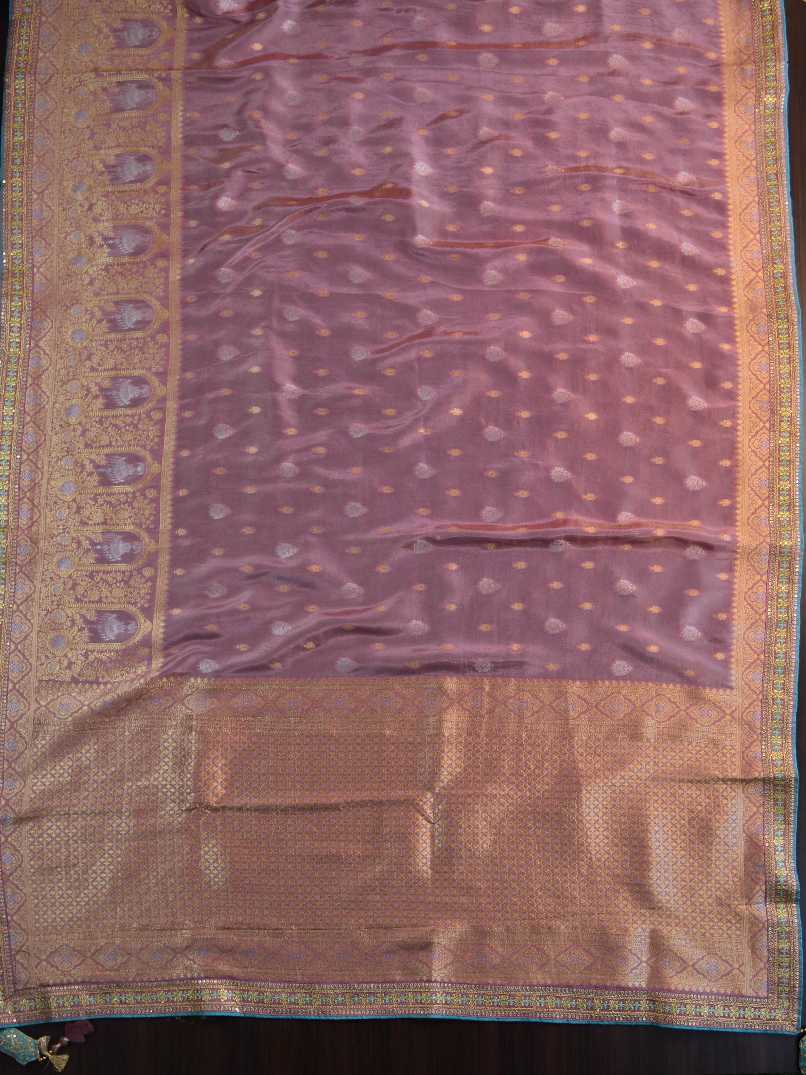 Banarasee Handwoven Semi-Katan Zari Work Saree With Blue Embroidered Blouse-Onion Pink