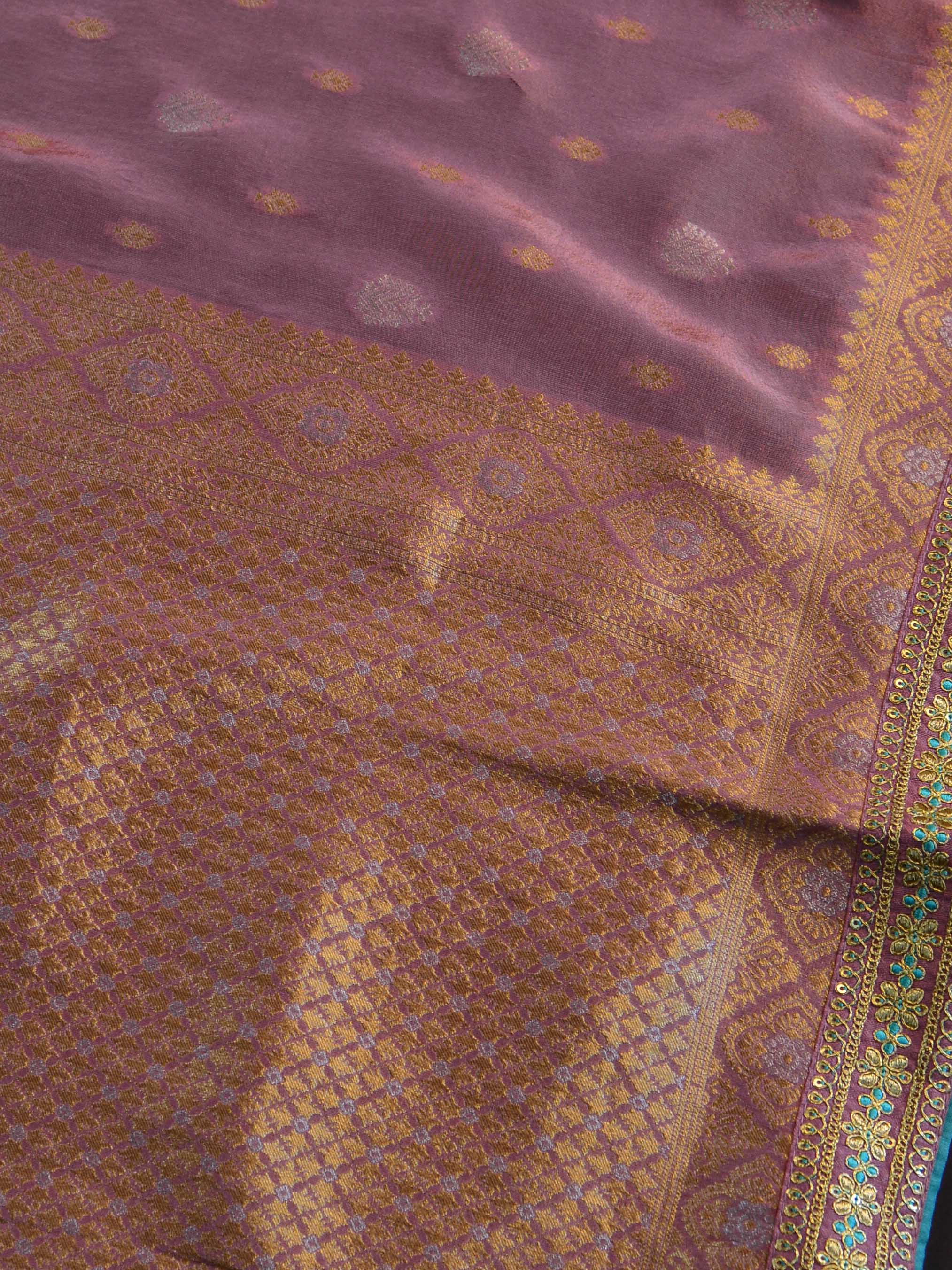 Banarasee Handwoven Semi-Katan Zari Work Saree With Blue Embroidered Blouse-Onion Pink