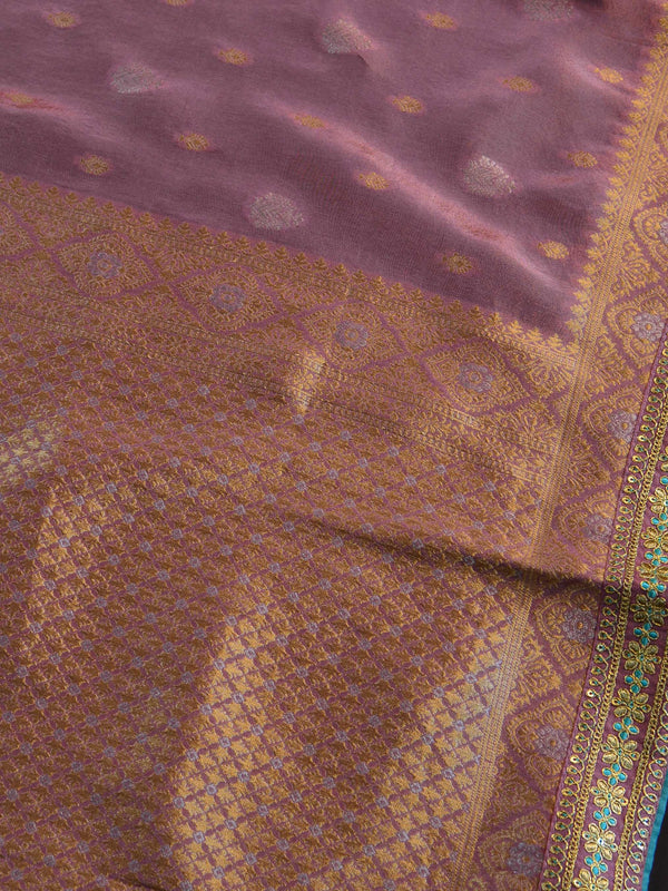 Banarasee Handwoven Semi-Katan Zari Work Saree With Blue Embroidered Blouse-Onion Pink