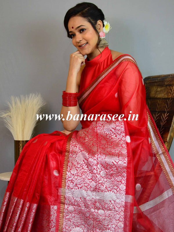 Banarasee Organza Mix Saree With Silver Zari Buta & Broad Border-Red