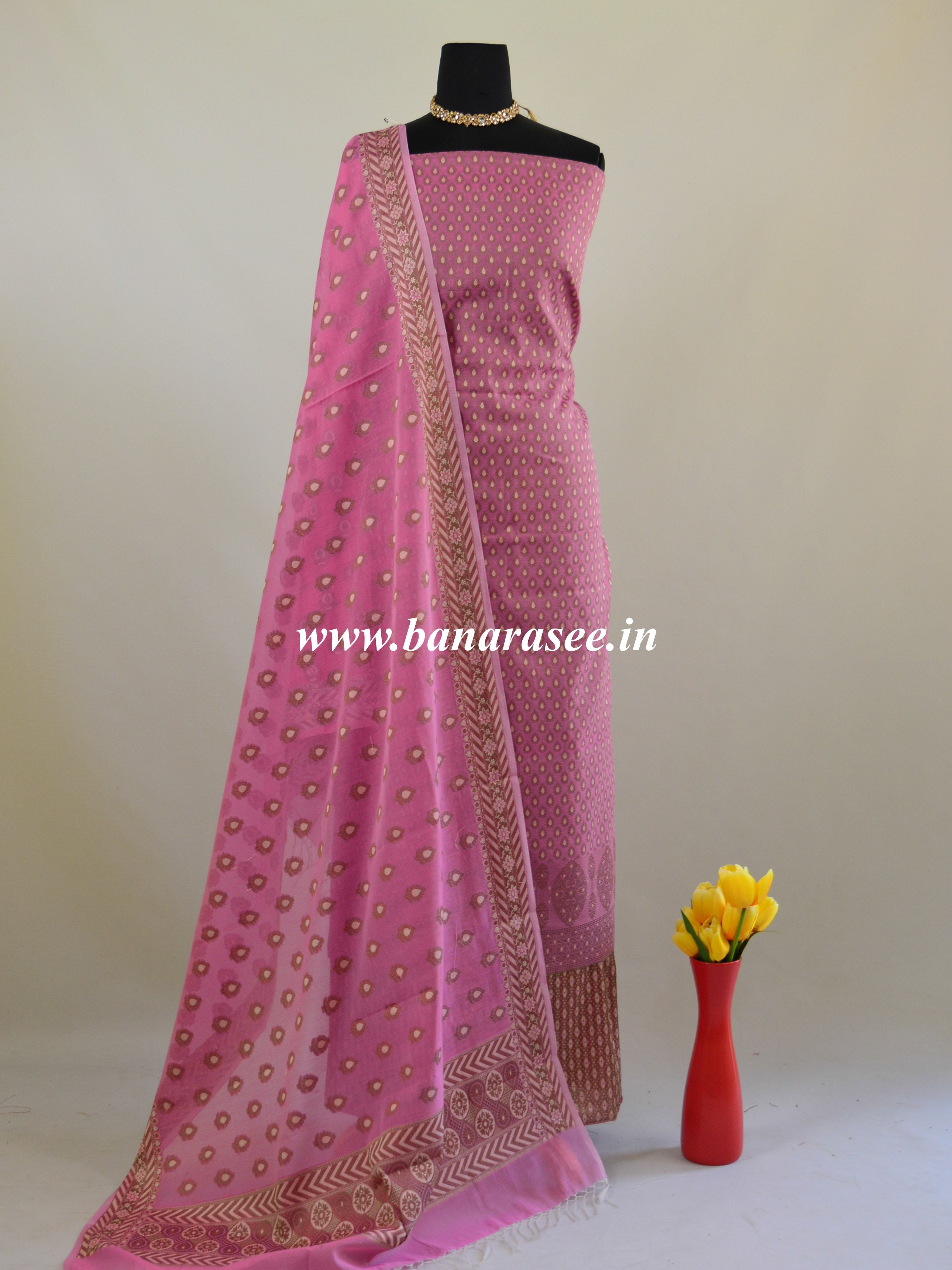Banarasee Salwar Kameez Cotton Silk Resham Buti Woven Fabric-Mauve