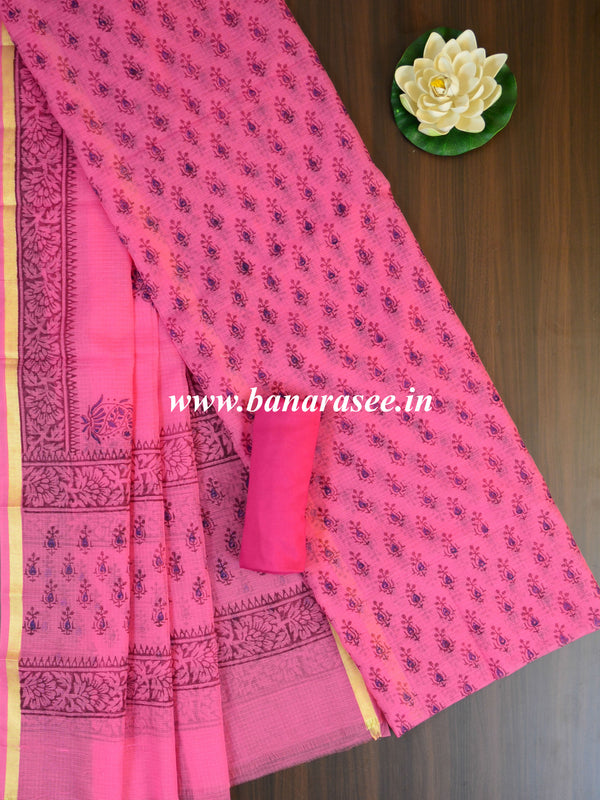 Kota Doria Block Printed Salwar Kameez Dupatta Set-Pink