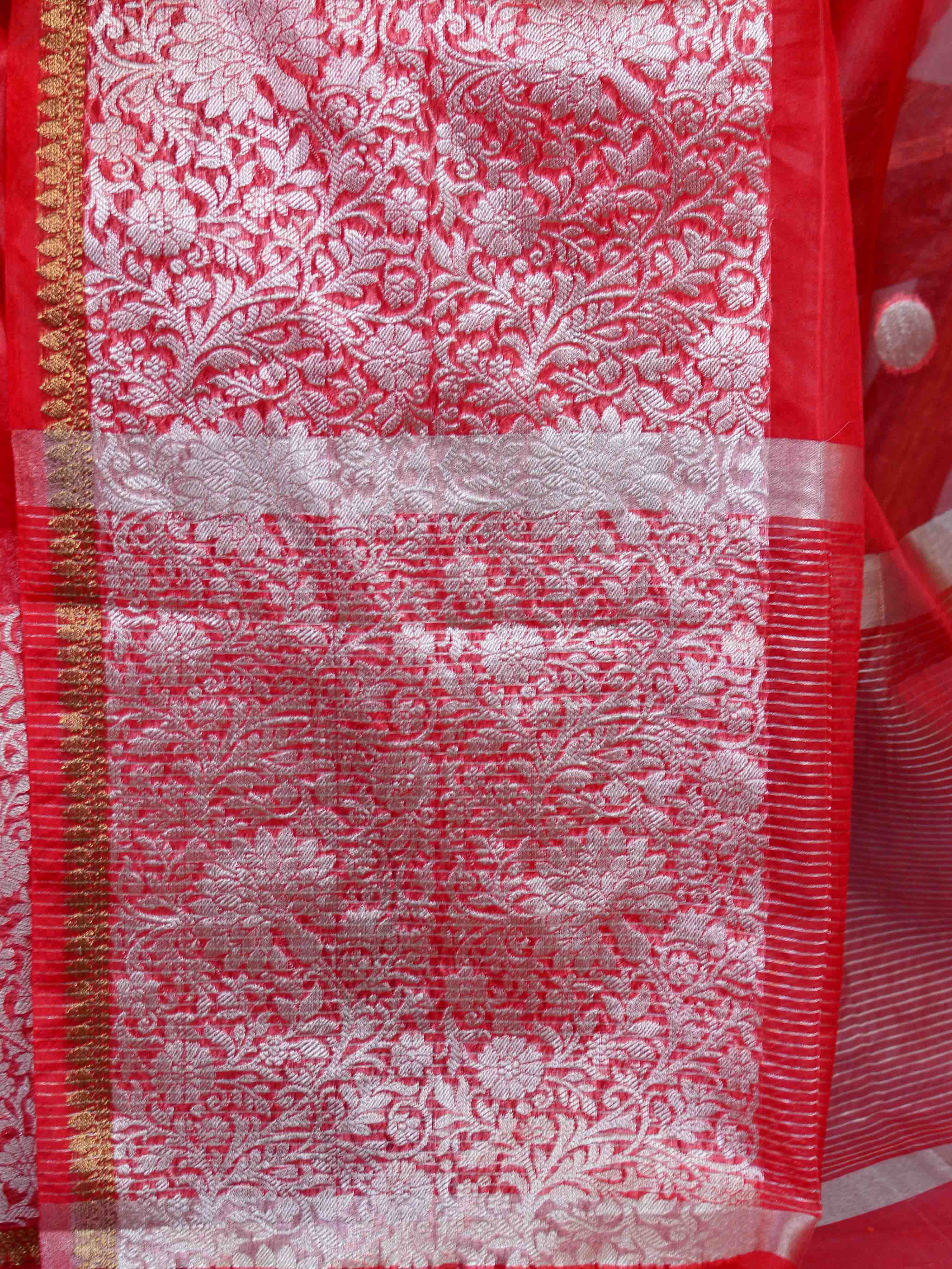 Banarasee Organza Mix Saree With Silver Zari Buta & Broad Border-Red