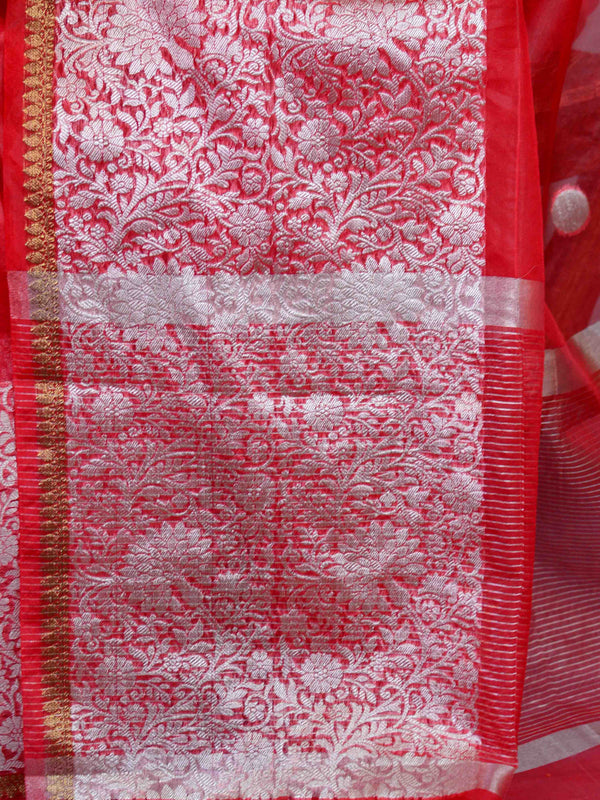 Banarasee Organza Mix Saree With Silver Zari Buta & Broad Border-Red