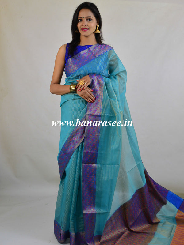 Banarasee Cotton Silk Mix Saree With Checks Design & Contrast Border-Blue