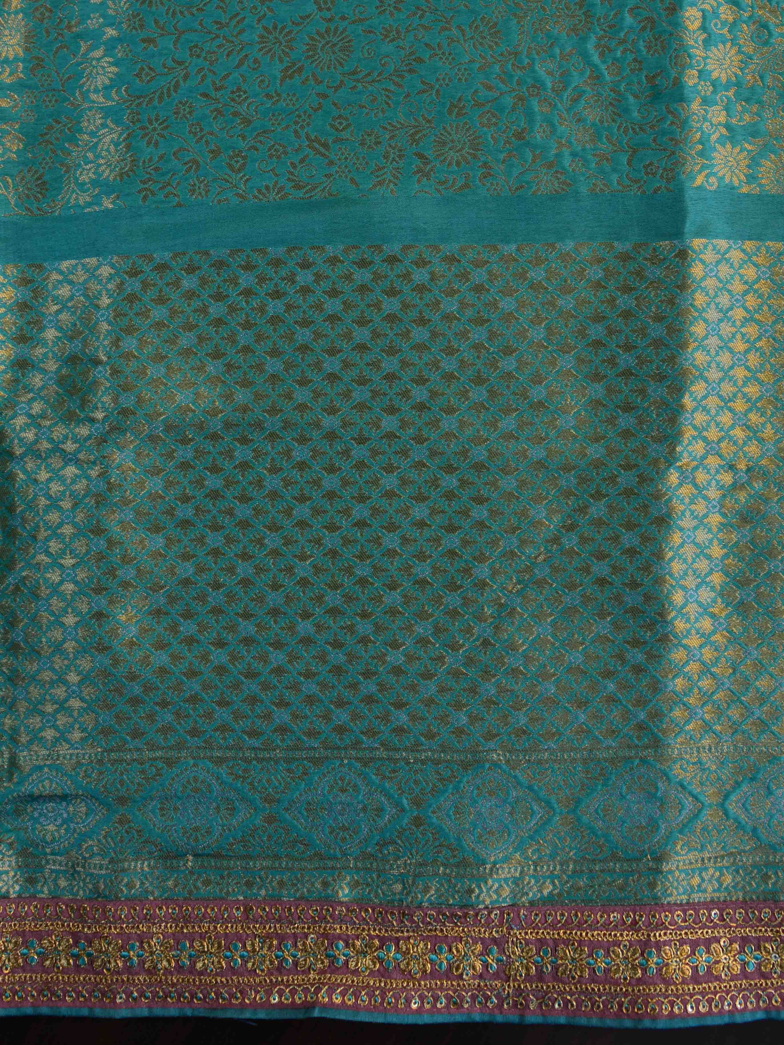 Banarasee Handwoven Semi-Katan Zari Work Saree With Blue Embroidered Blouse-Onion Pink