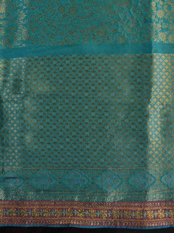 Banarasee Handwoven Semi-Katan Zari Work Saree With Blue Embroidered Blouse-Onion Pink