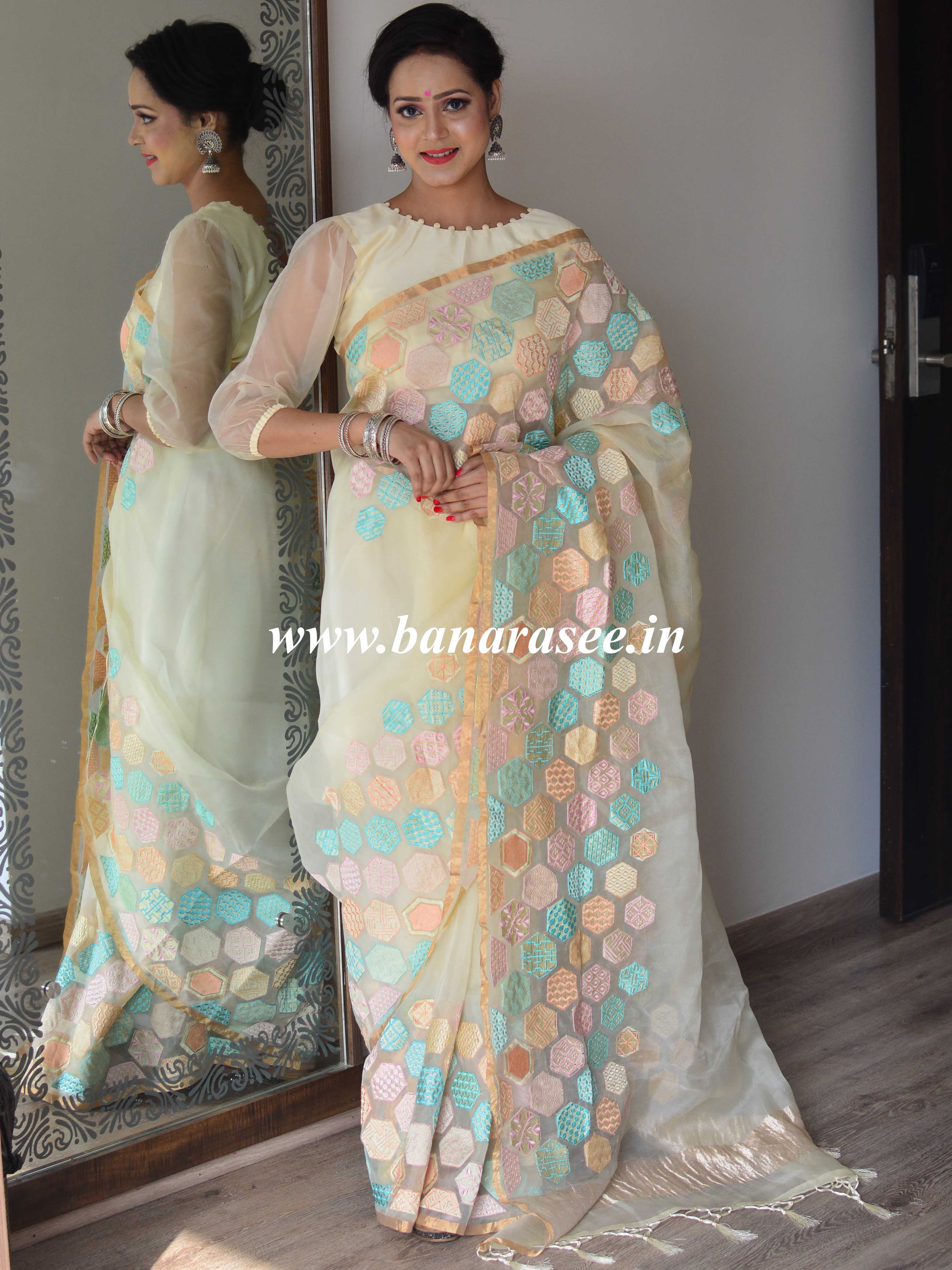 Banarasee Pure Organza Silk Saree With Embroidery-White