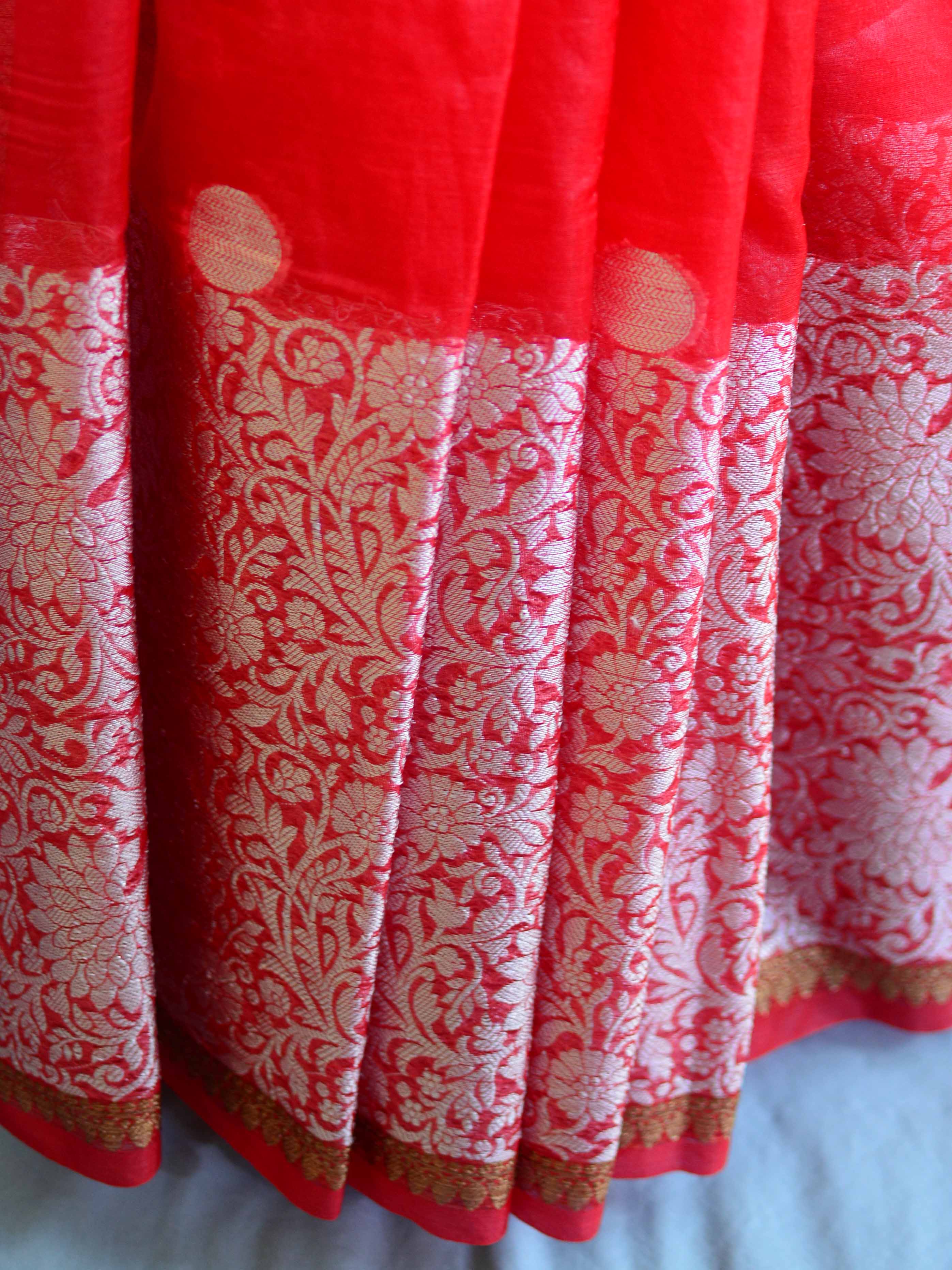 Banarasee Organza Mix Saree With Silver Zari Buta & Broad Border-Red