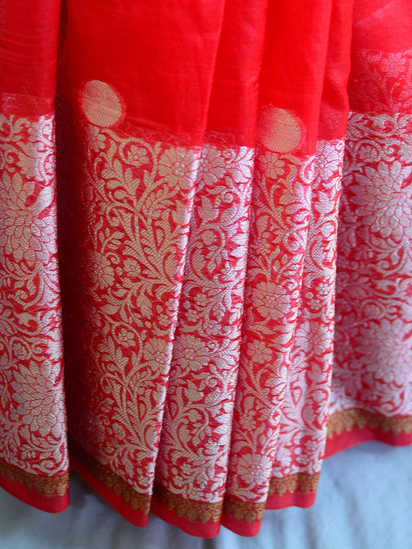 Banarasee Organza Mix Saree With Silver Zari Buta & Broad Border-Red