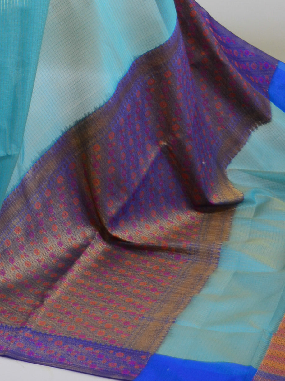 Banarasee Cotton Silk Mix Saree With Checks Design & Contrast Border-Blue