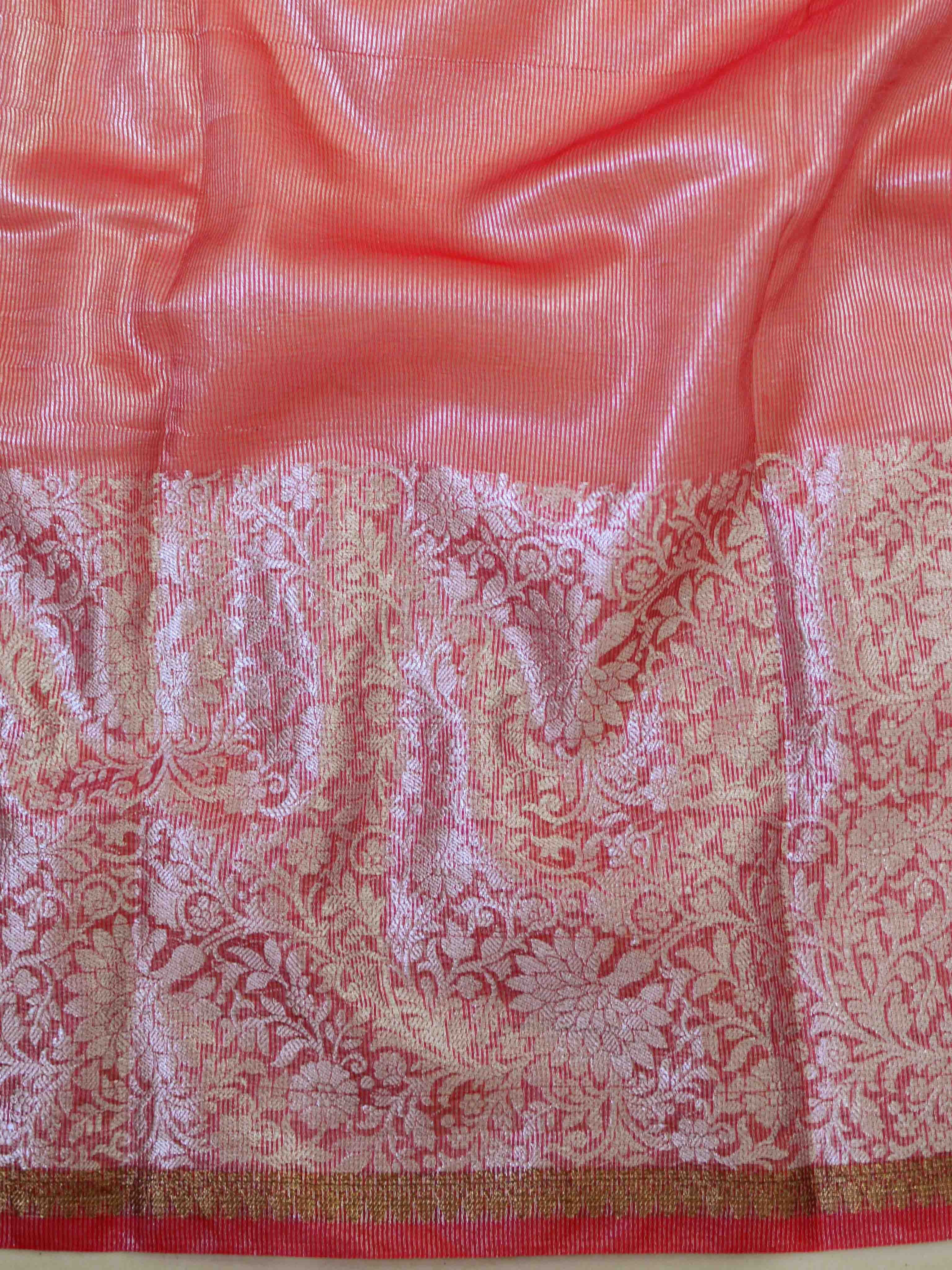 Banarasee Organza Mix Saree With Silver Zari Buta & Broad Border-Red