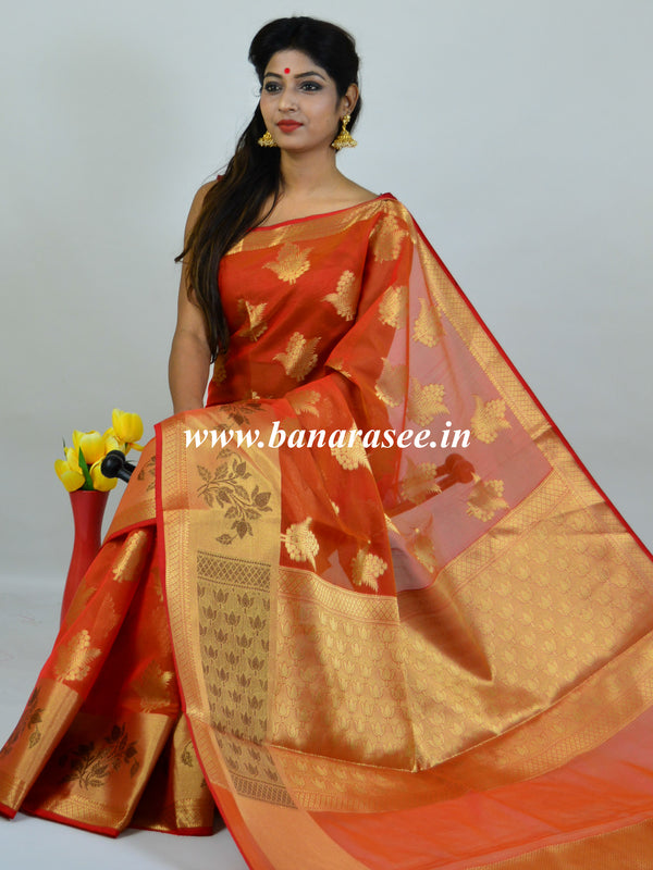 Banarasee Cotton Silk Mix Sari With Zari Border-Rust