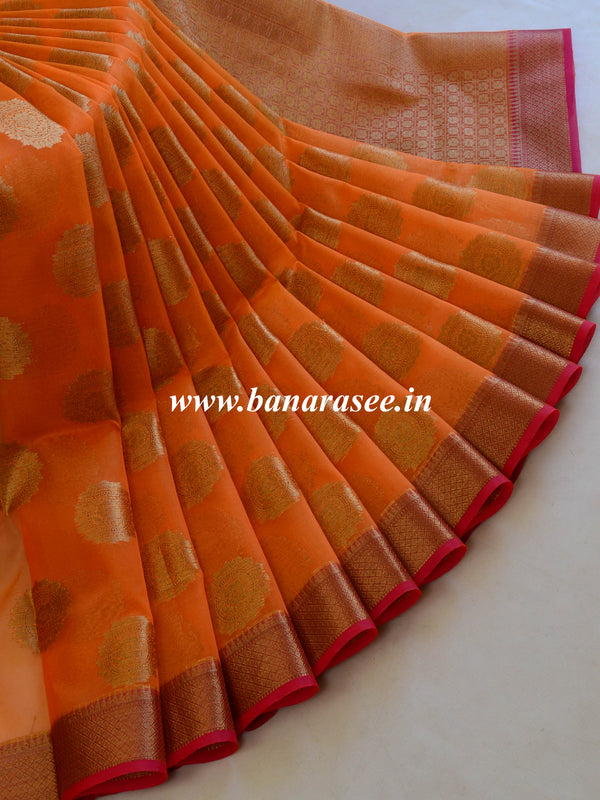 Banarasee Organza Mix Saree With Antique Zari Buta Border-Orange