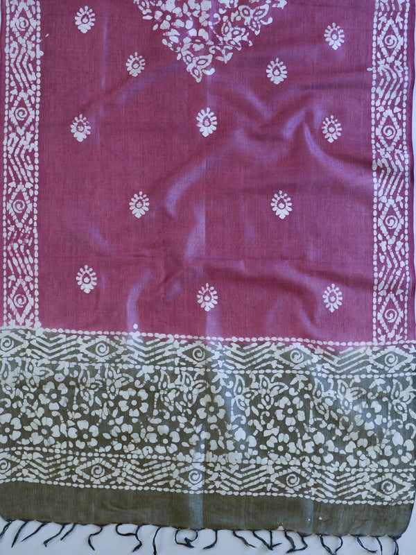 Handloom Khadi Cotton Hand-Dyed Batik Pattern Salwar Kameez Dupatta Set-Green & Purple