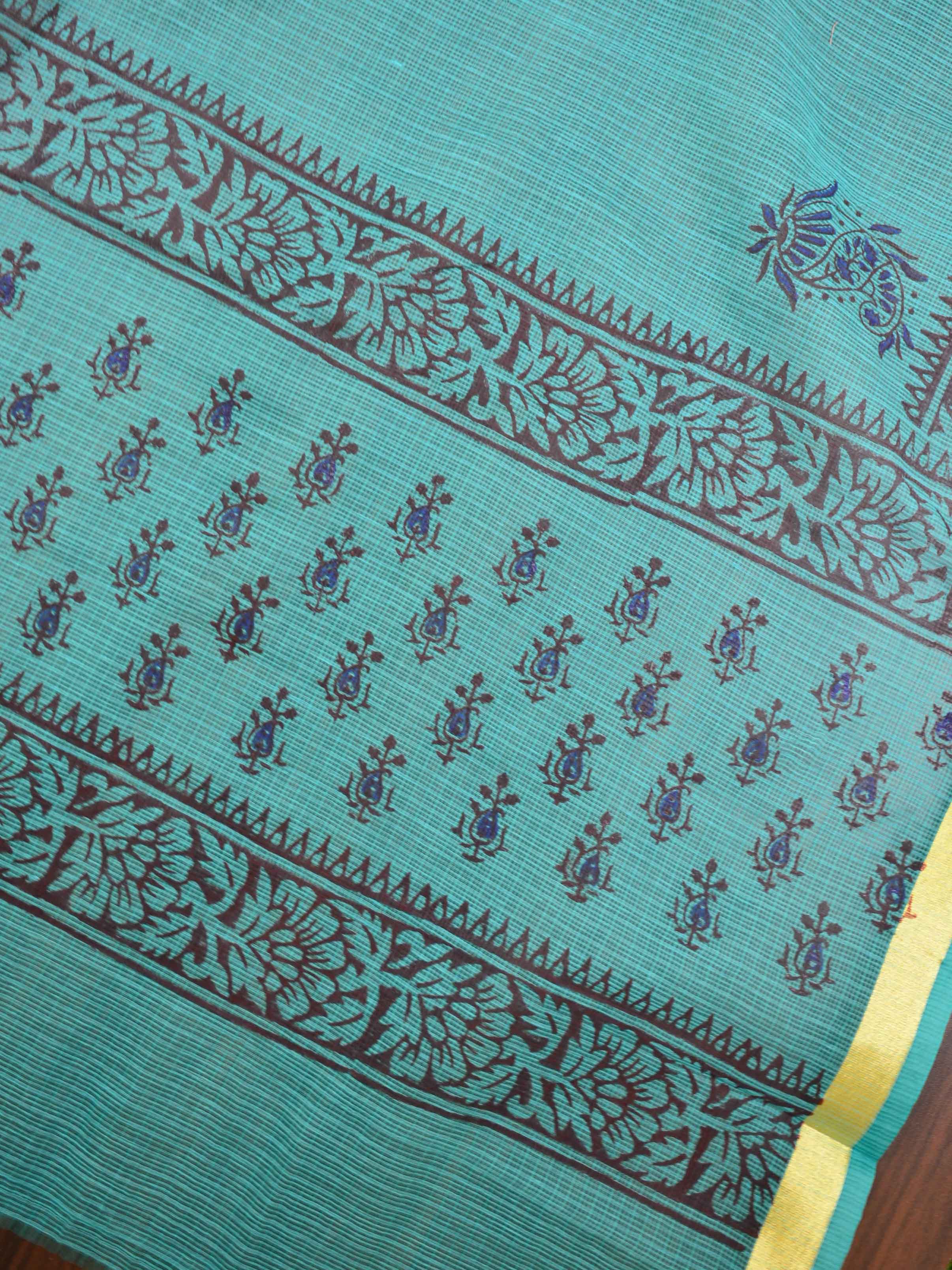 Kota Doria Block Printed Salwar Kameez Dupatta Set-Teal