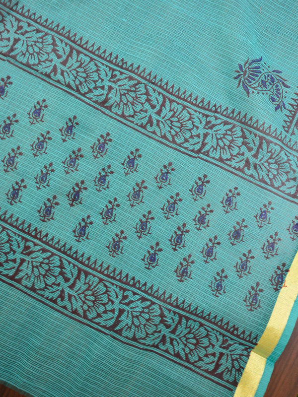 Kota Doria Block Printed Salwar Kameez Dupatta Set-Teal