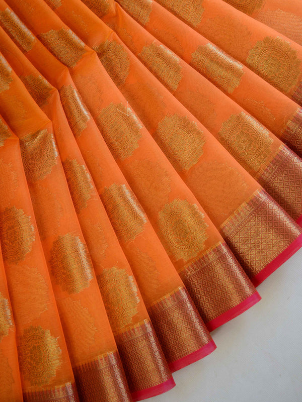 Banarasee Organza Mix Saree With Antique Zari Buta Border-Orange