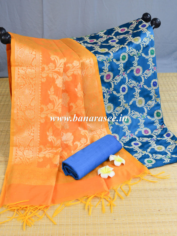 Banarasee Art Silk Salwar Kameez Fabric With Jaal Design Dupatta-Orange & Blue