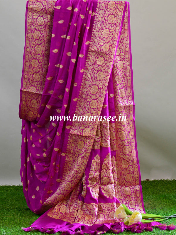 Banarasee Chiffon Floral Zari Buti & Border Saree-Purple