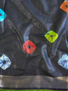 Bhagalpur Handloom Pure Linen Cotton Hand-Dyed Multicolor Bandhej Saree-Black