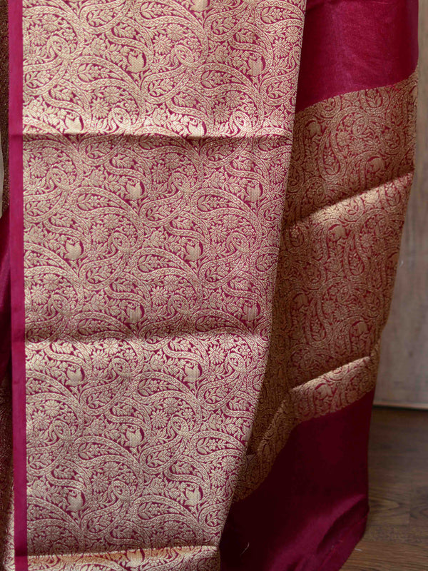 Banarasee Handwoven Semi Silk Saree Broad Zari Border-Maroon