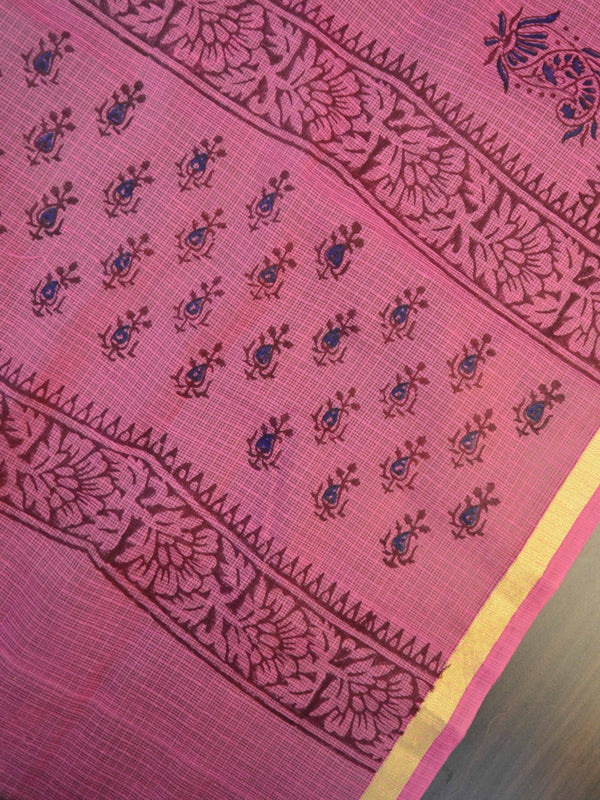 Kota Doria Block Printed Salwar Kameez Dupatta Set-Pink