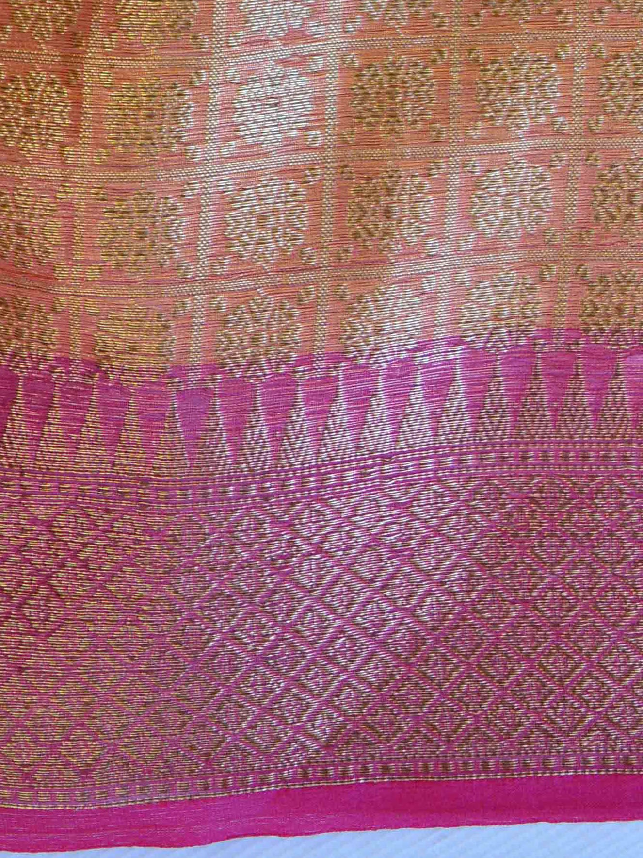 Banarasee Organza Mix Saree With Antique Zari Buta Border-Orange