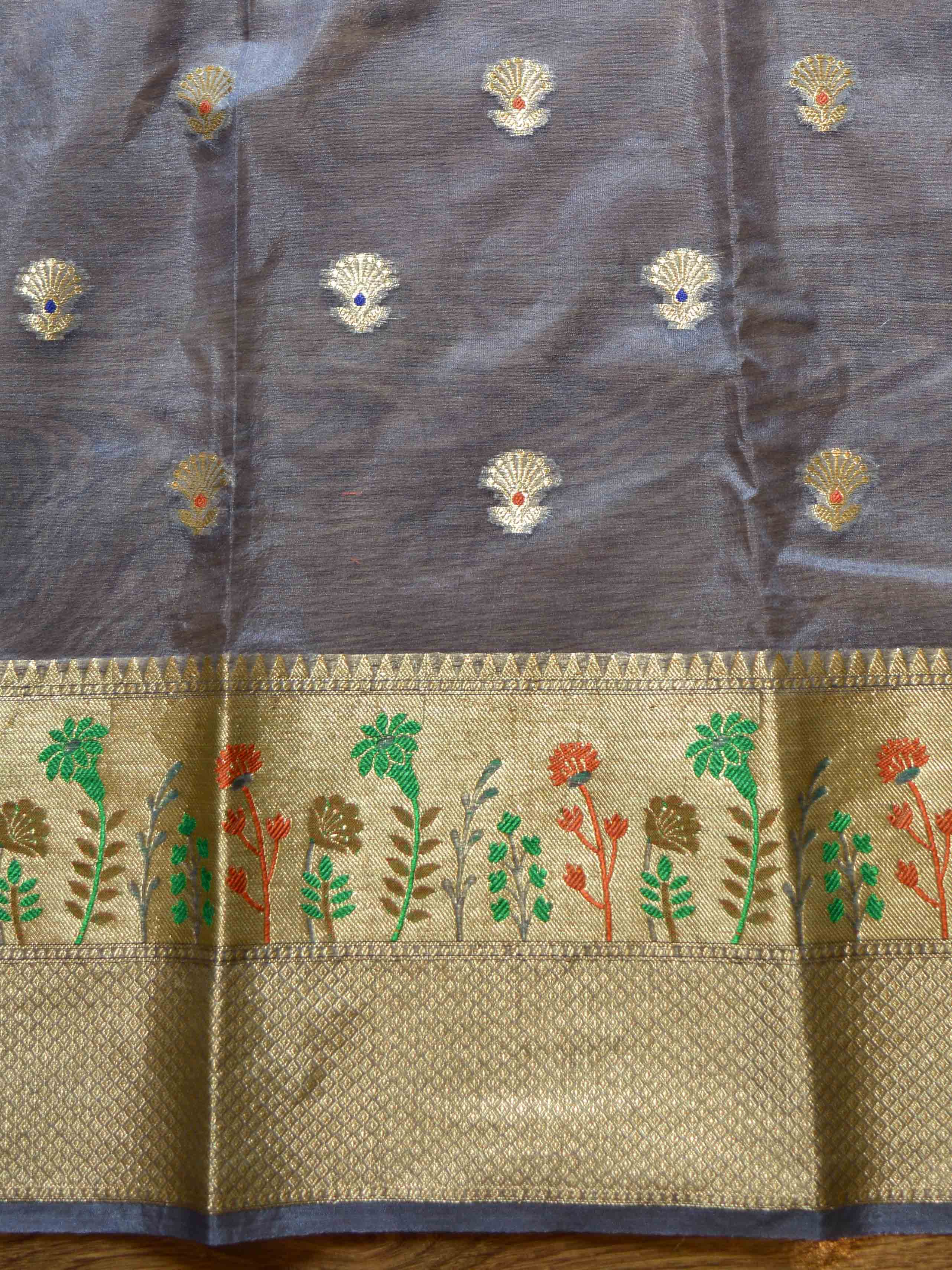 Banarasee Organza Mix Saree With Zari Buti Design & Border-Grey