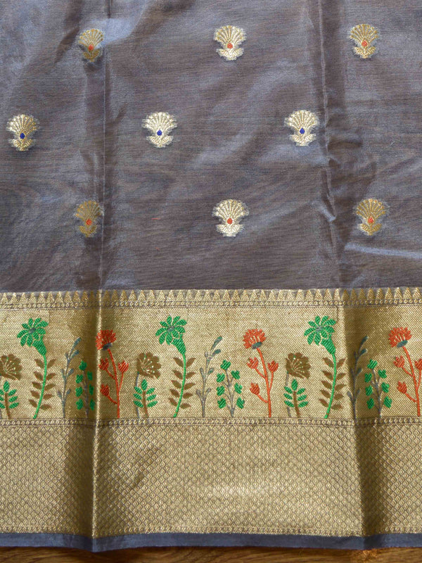 Banarasee Organza Mix Saree With Zari Buti Design & Border-Grey