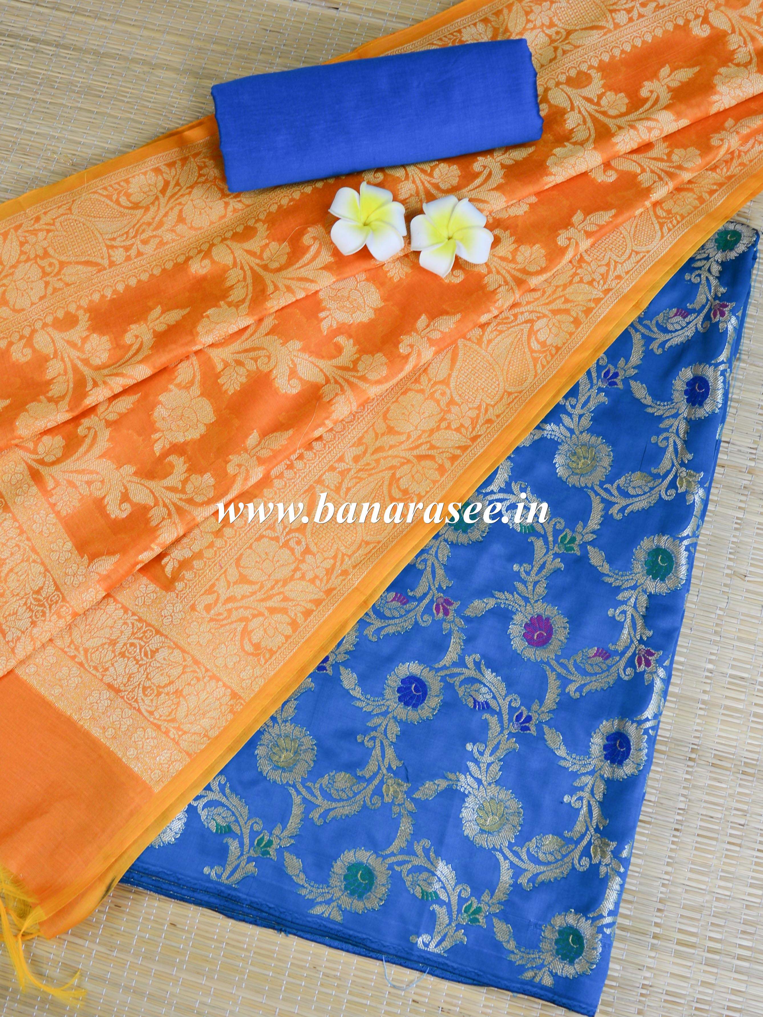 Banarasee Art Silk Salwar Kameez Fabric With Jaal Design Dupatta-Orange & Blue