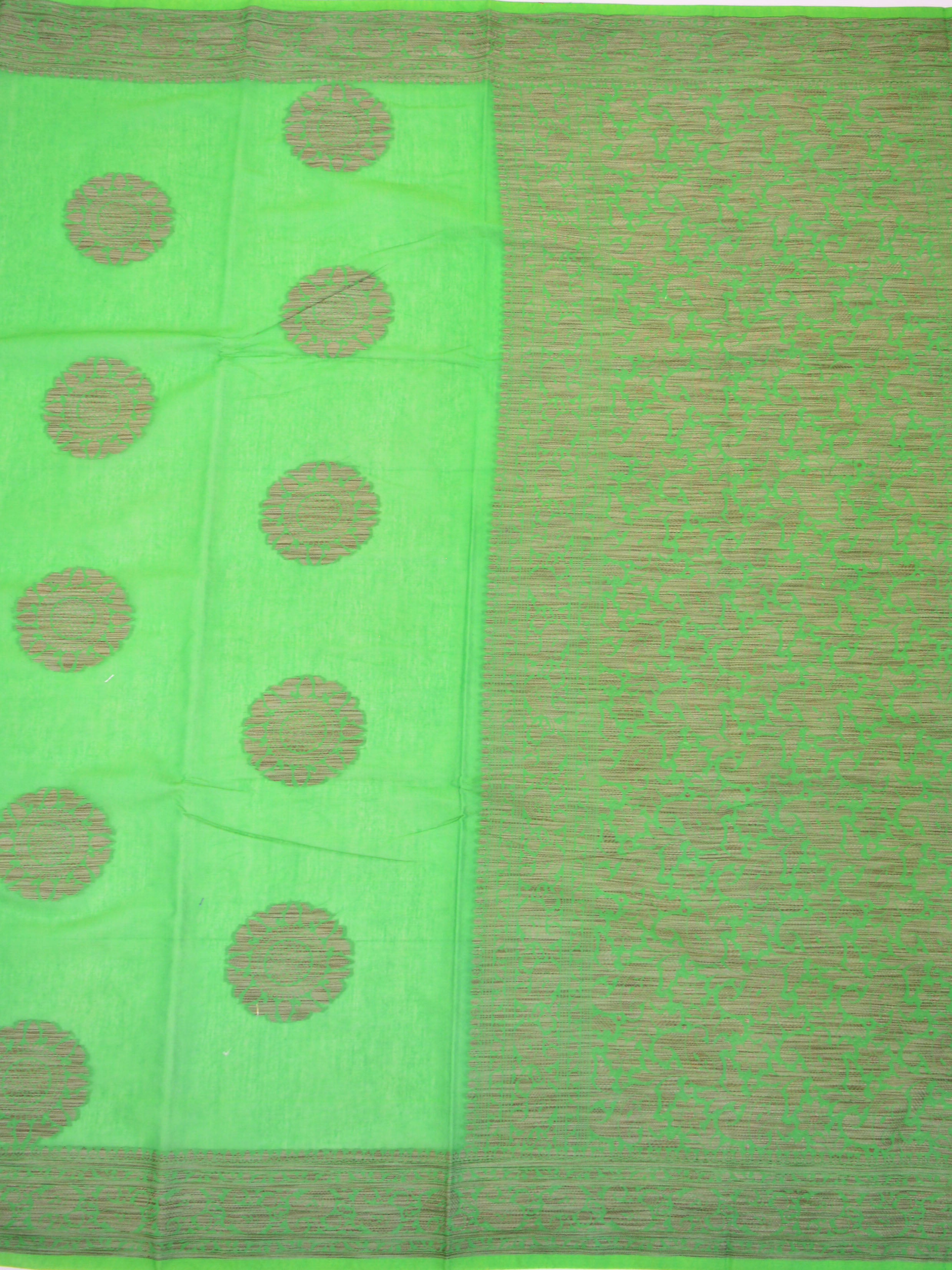 Banarasee Pure Handloom Soft Cotton Saree With Jute Work-Bright Green