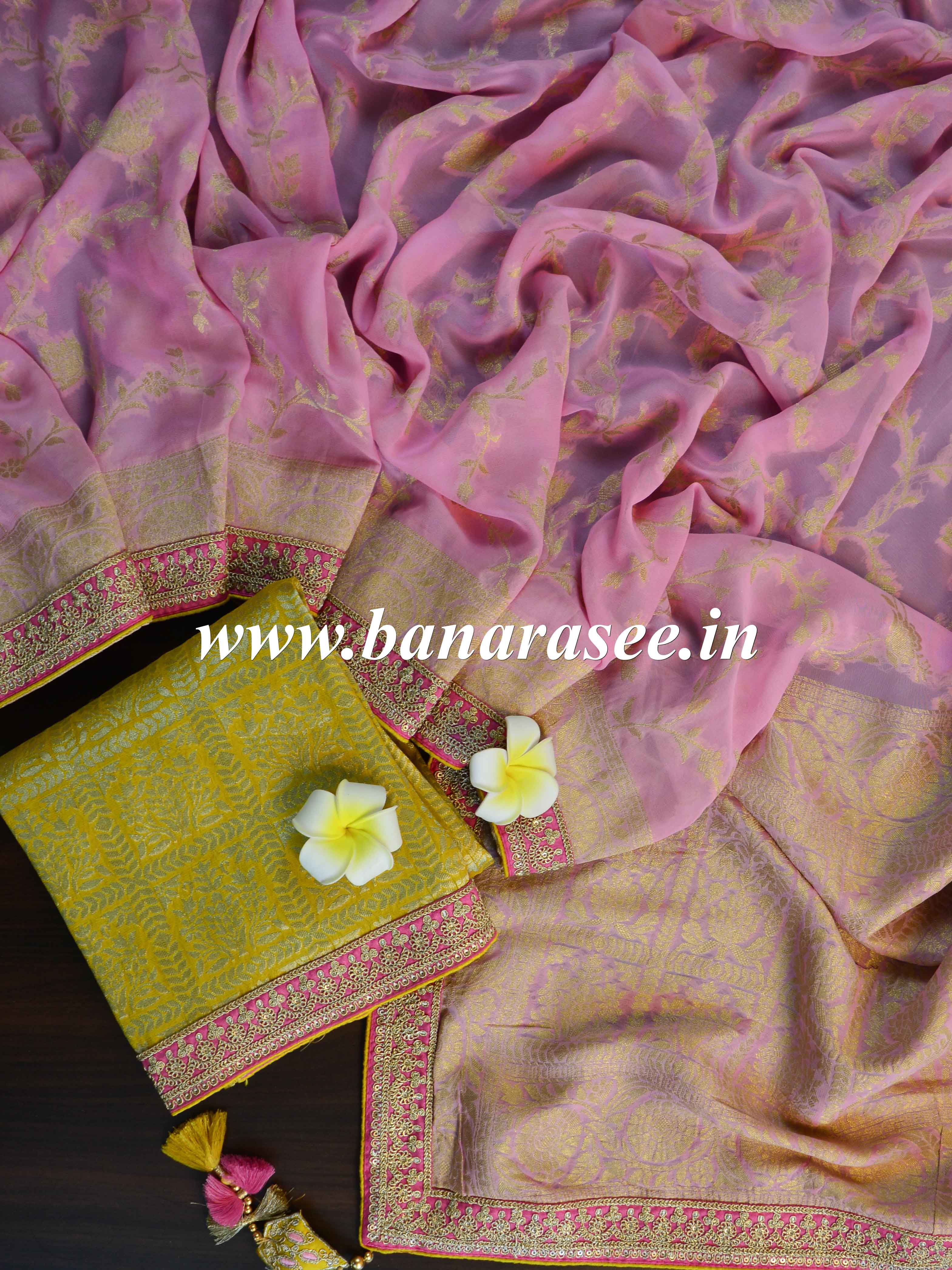 Banarasee Handwoven Khaddi Georgette Zari Work Saree With Yellow Embroidered Blouse-Pink
