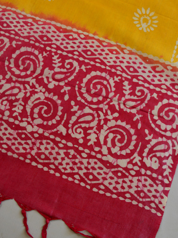 Handloom Khadi Cotton Hand-Dyed Batik Pattern Salwar Kameez Dupatta Set-Yellow & Red