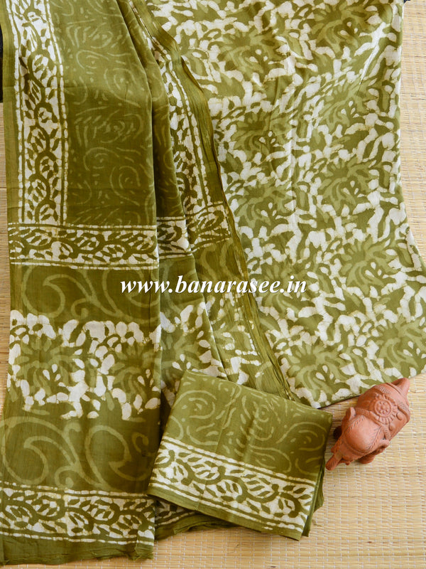 Handloom Mul Cotton Handblock Printed Suit Set-Olive Green